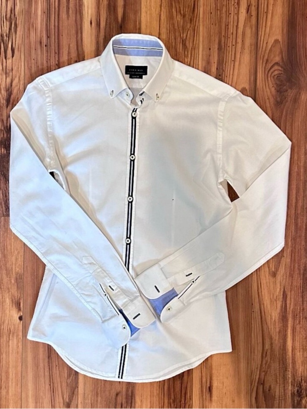 Zara White Dress Shirt with Navy Contrast Trim